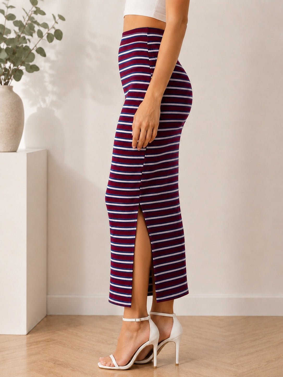 Ladies Maroon And White Stripe Ribbed Knit Midi Skirt - StylePhase SA