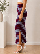 Ladies Maroon And White Stripe Ribbed Knit Midi Skirt - StylePhase SA