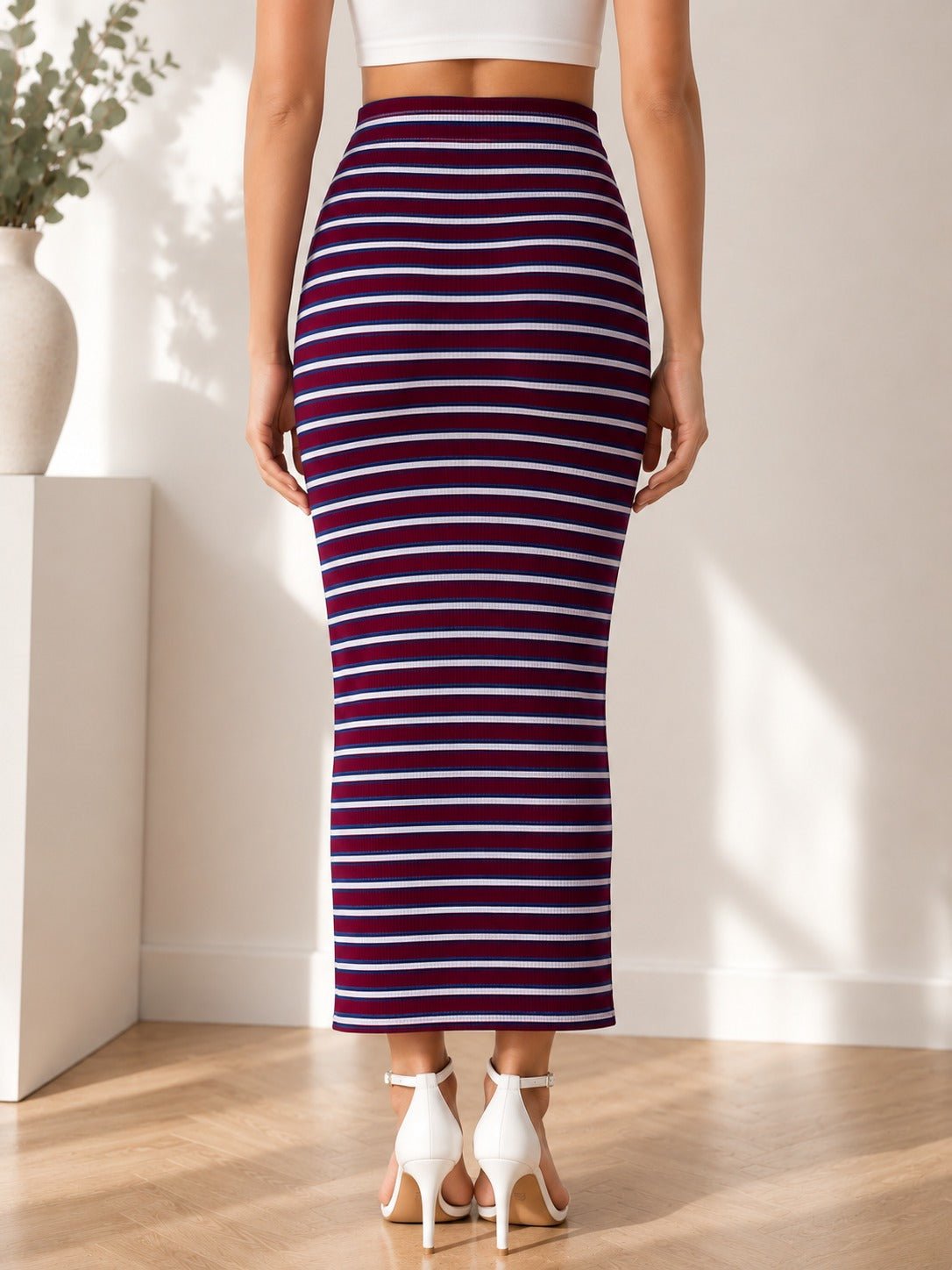 Ladies Maroon And White Stripe Ribbed Knit Midi Skirt - StylePhase SA