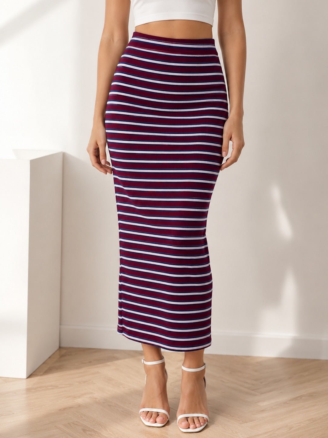 Ladies Maroon And White Stripe Ribbed Knit Midi Skirt - StylePhase SA