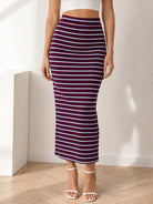 Ladies Maroon And White Stripe Ribbed Knit Midi Skirt - StylePhase SA
