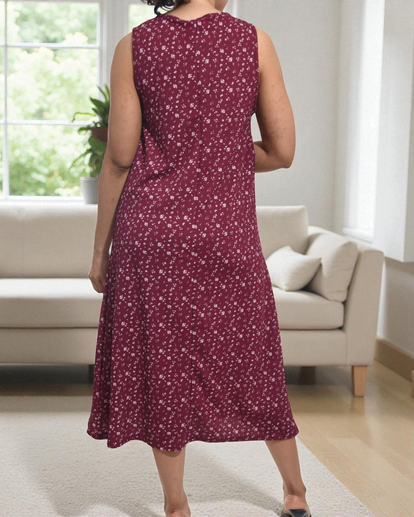 Ladies Maroon Floral Crinkle Sleeveless Dress - StylePhase SA
