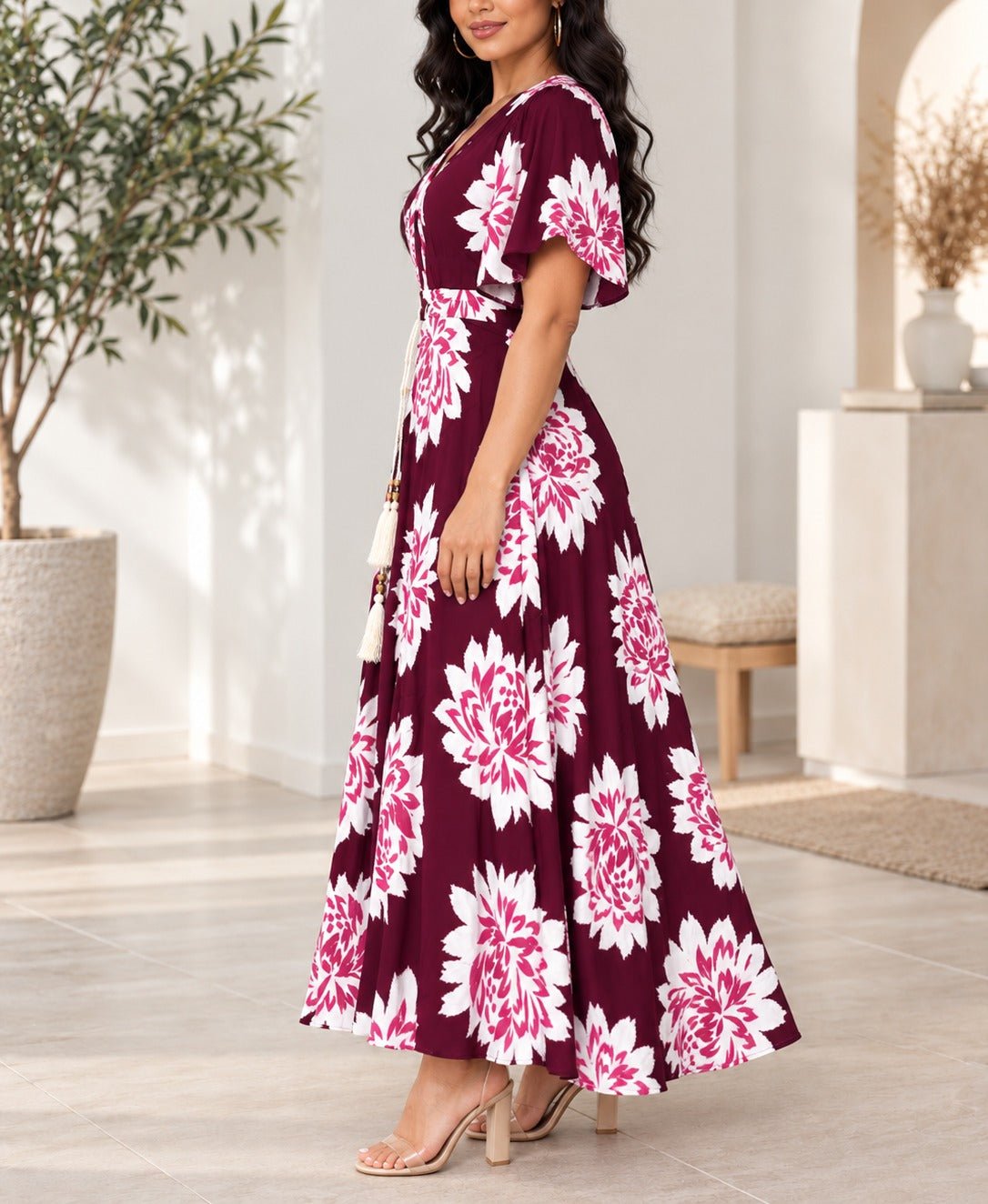 Ladies Maroon Floral Tassel Tie-Waist Midi Dress - StylePhase SA