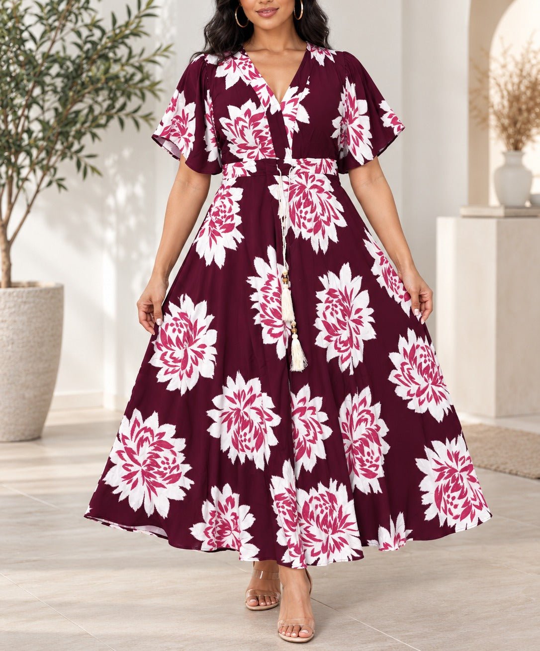 Ladies Maroon Floral Tassel Tie-Waist Midi Dress - StylePhase SA