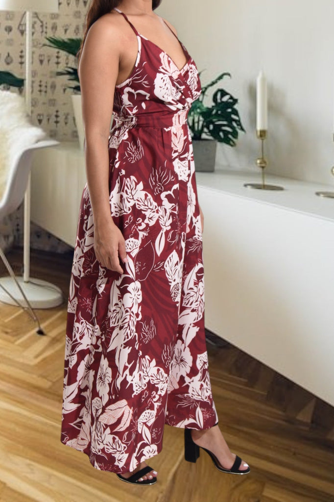 Ladies Maroon Floral Tie Back Maxi Dress - StylePhase SA