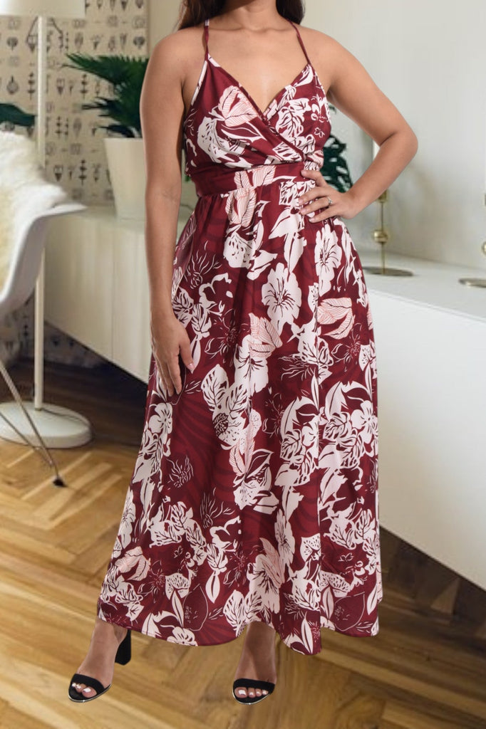 Ladies Maroon Floral Tie Back Maxi Dress - StylePhase SA