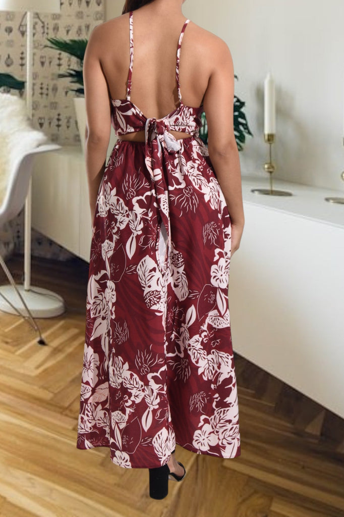 Ladies Maroon Floral Tie Back Maxi Dress - StylePhase SA