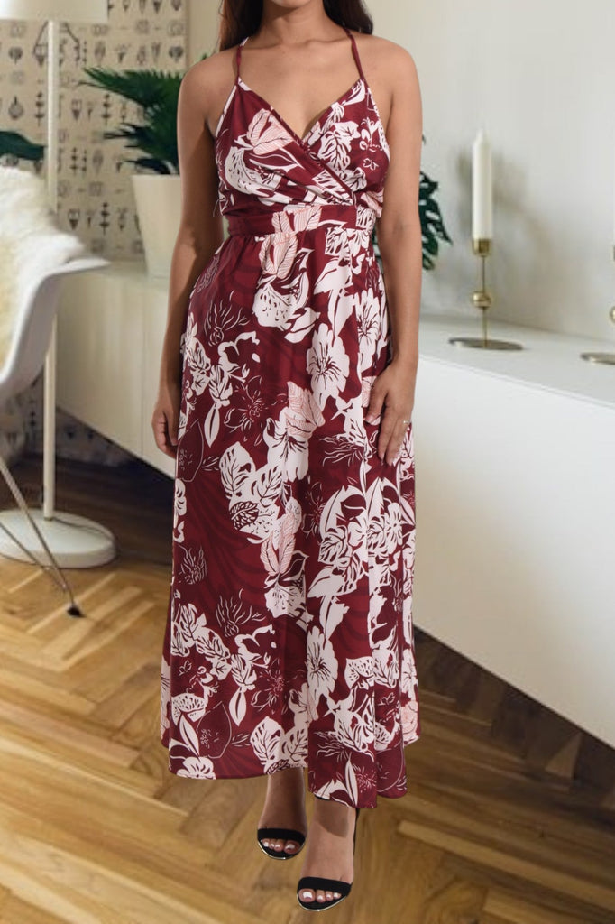 Ladies Maroon Floral Tie Back Maxi Dress - StylePhase SA