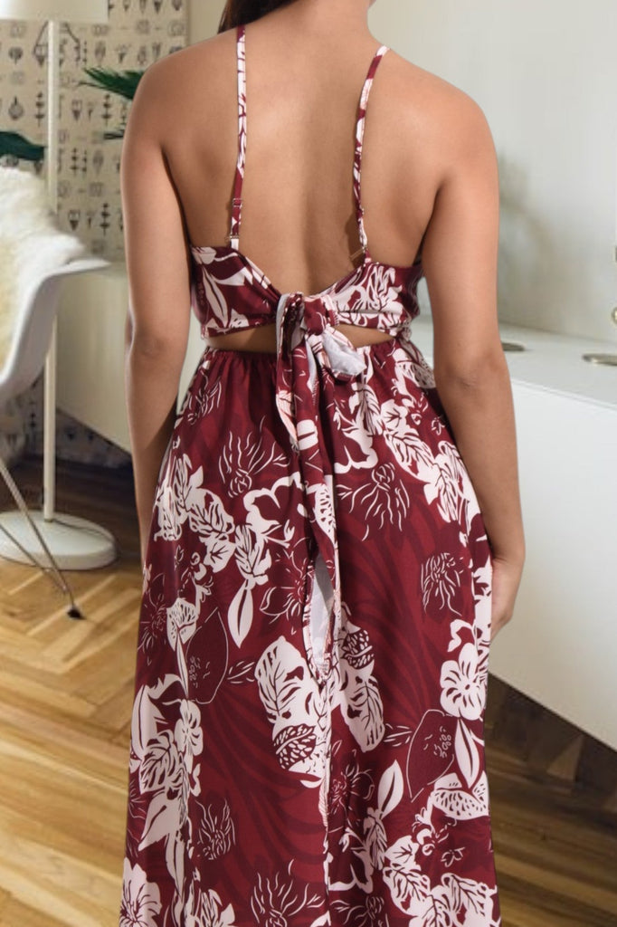 Ladies Maroon Floral Tie Back Maxi Dress - StylePhase SA