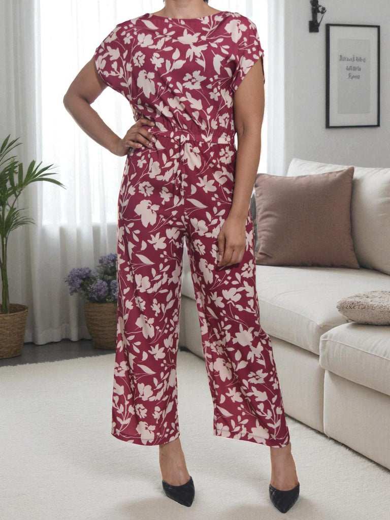 Ladies Maroon Floral Wide Leg Jumpsuit - StylePhase SA