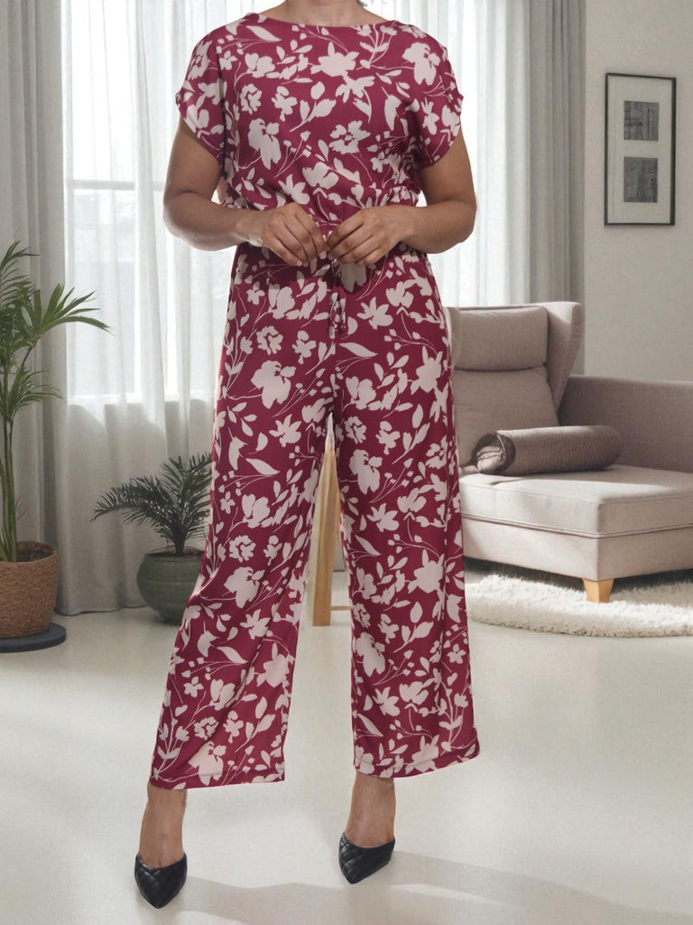 Ladies Maroon Floral Wide Leg Jumpsuit - StylePhase SA