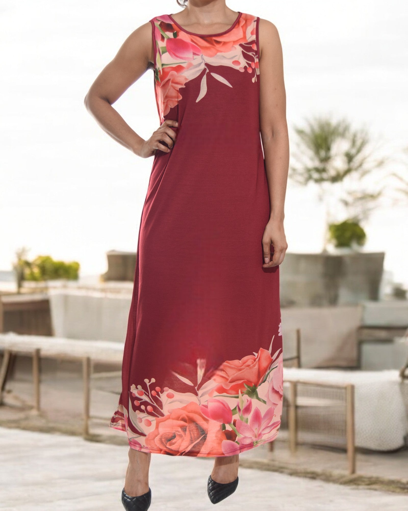 Ladies Maroon Flower Bodycon Dress - StylePhase SA