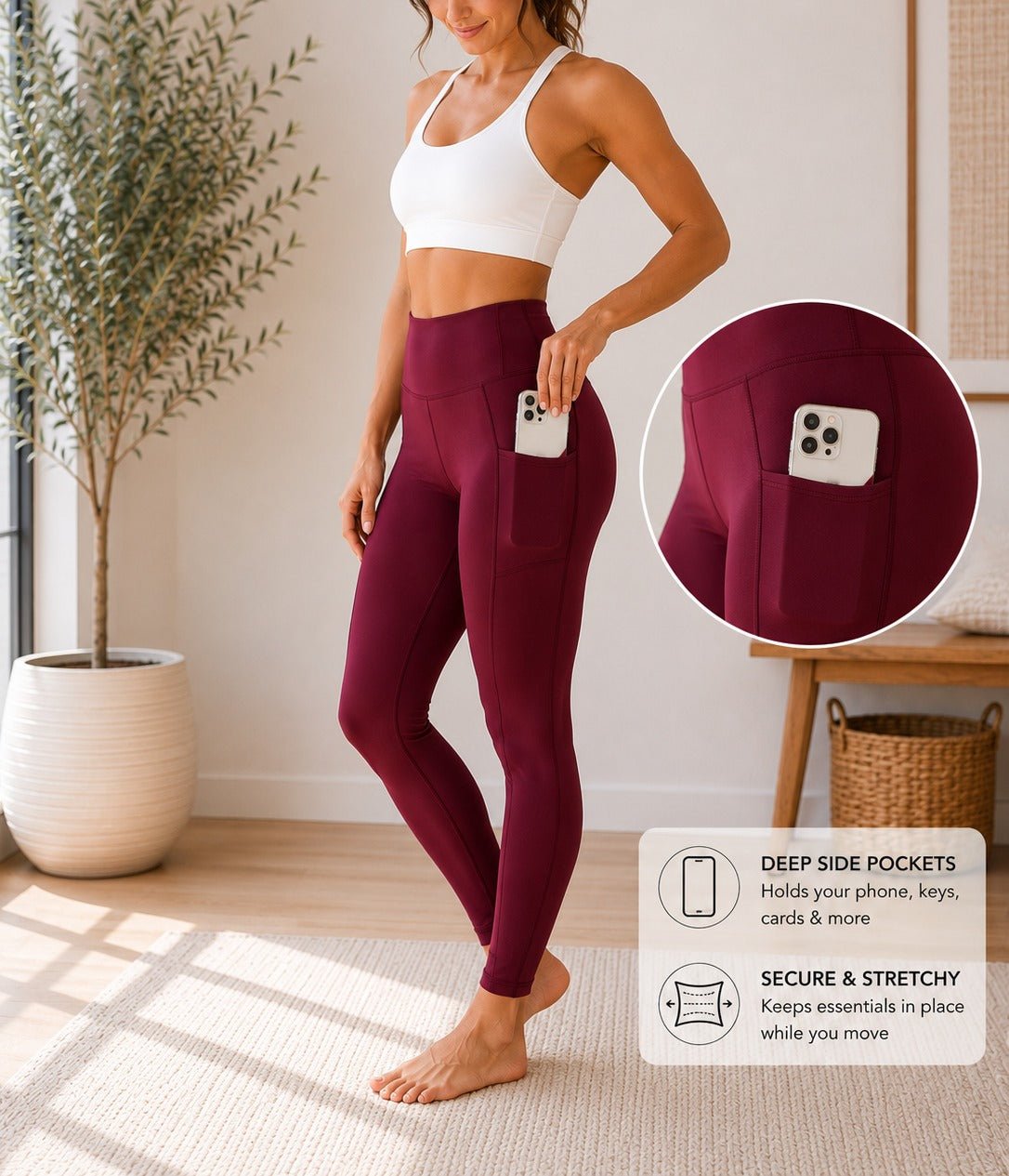 Ladies Maroon High-Waist Side Pocket Activewear Leggings - StylePhase SA