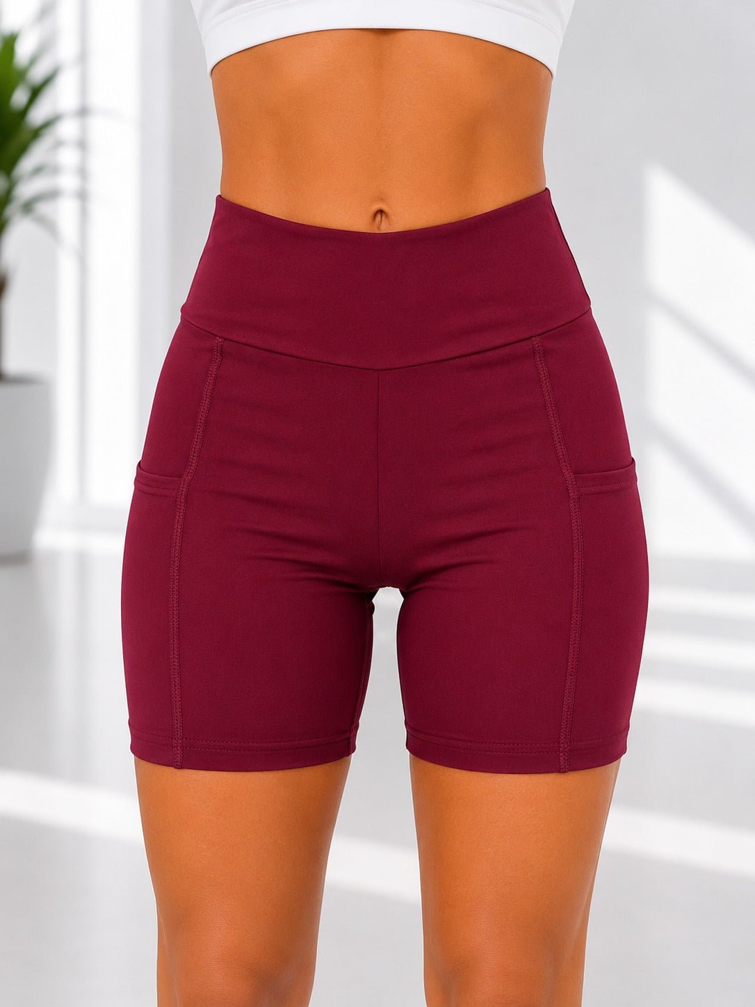 Ladies Maroon High-Waist Side Pocket Activewear Shorts - StylePhase SA