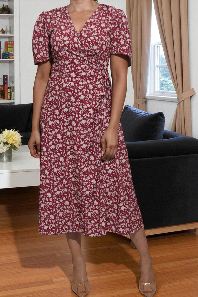Ladies Maroon Mini Floral Wrap Dress - StylePhase SA