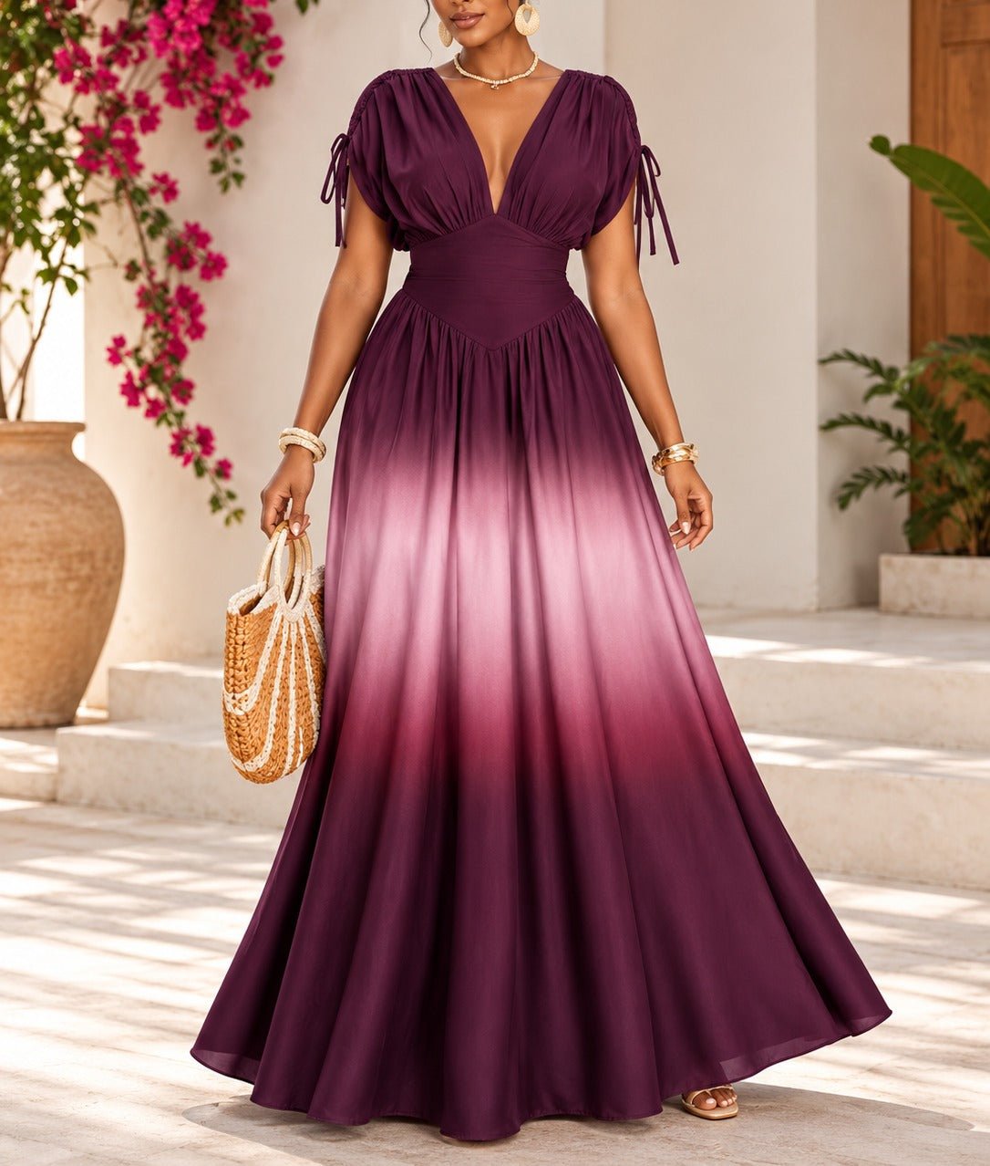 Ladies Maroon Ombre Deep V-Neck Maxi Dress - StylePhase SA