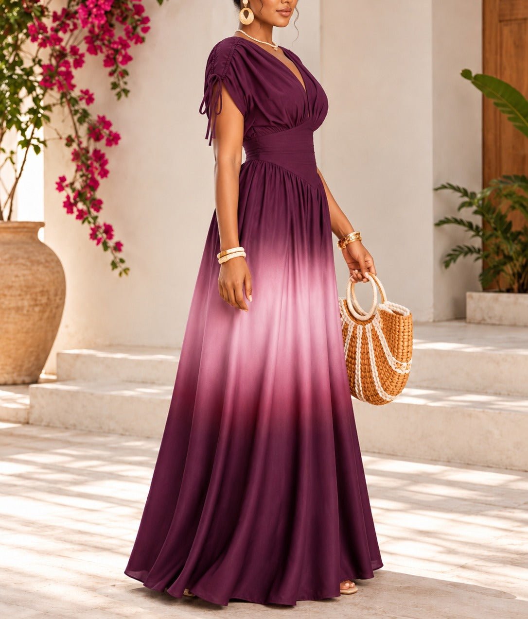 Ladies Maroon Ombre Deep V-Neck Maxi Dress - StylePhase SA