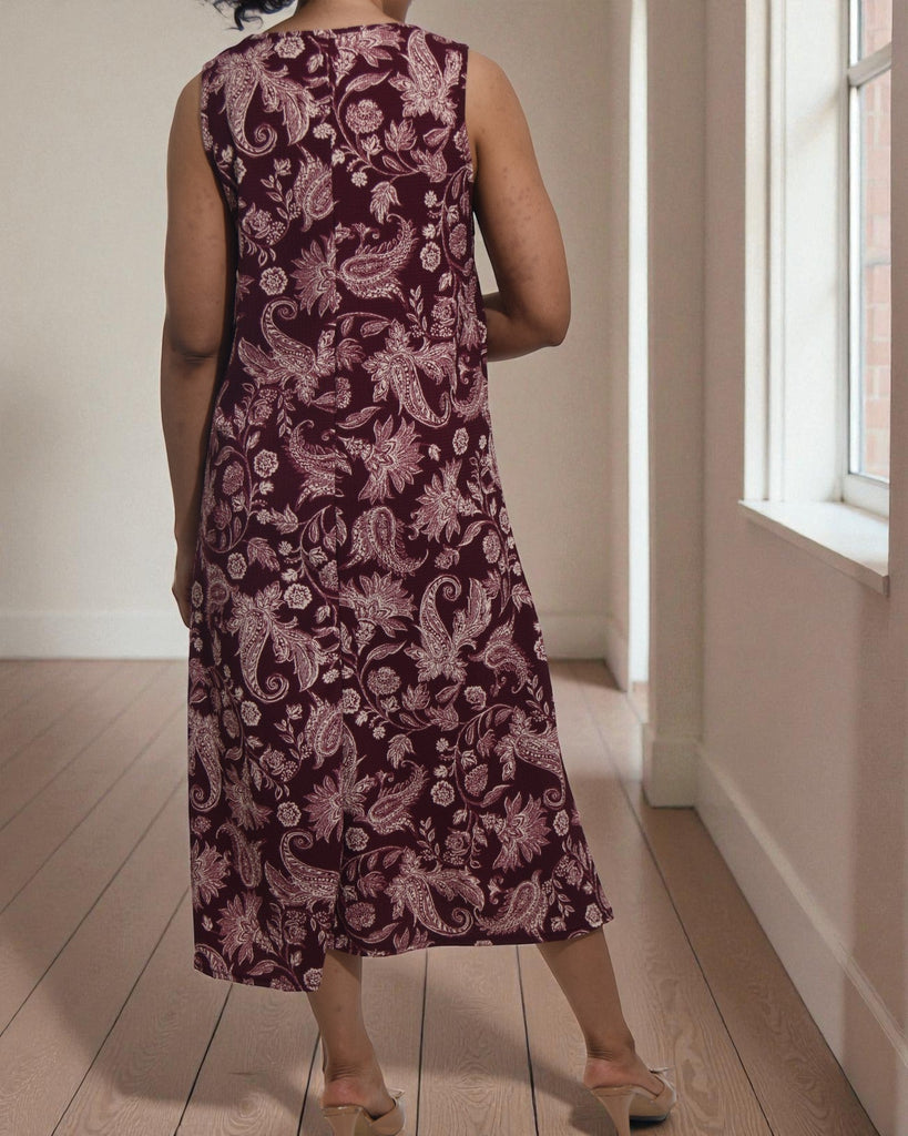 Ladies Maroon Paisley Crinkle Sleeveless Dress - StylePhase SA