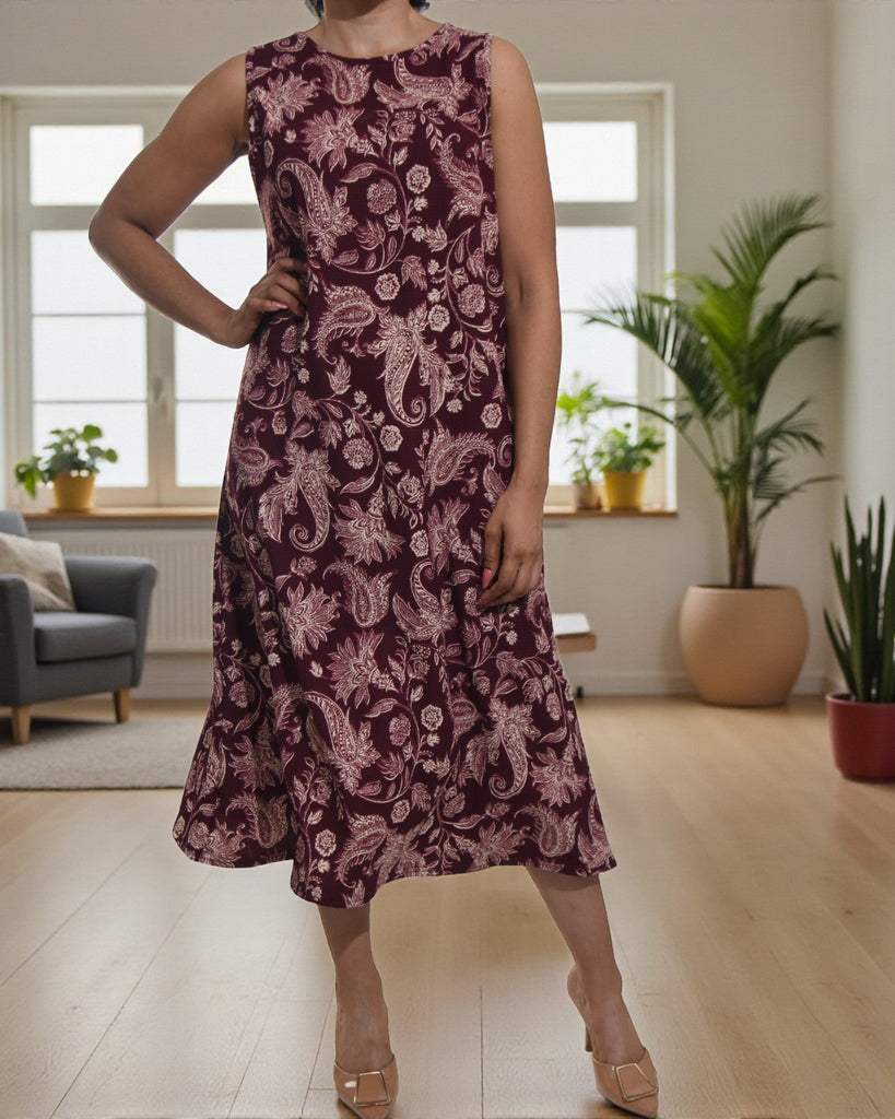 Ladies Maroon Paisley Crinkle Sleeveless Dress - StylePhase SA