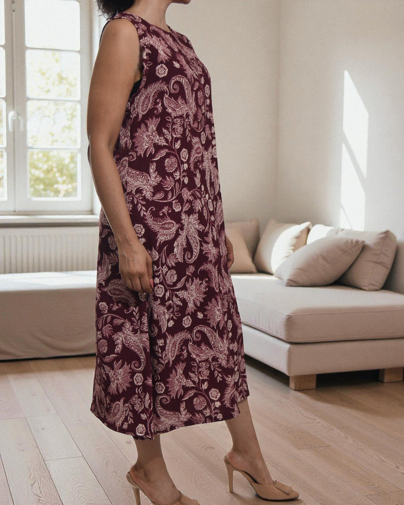 Ladies Maroon Paisley Crinkle Sleeveless Dress - StylePhase SA