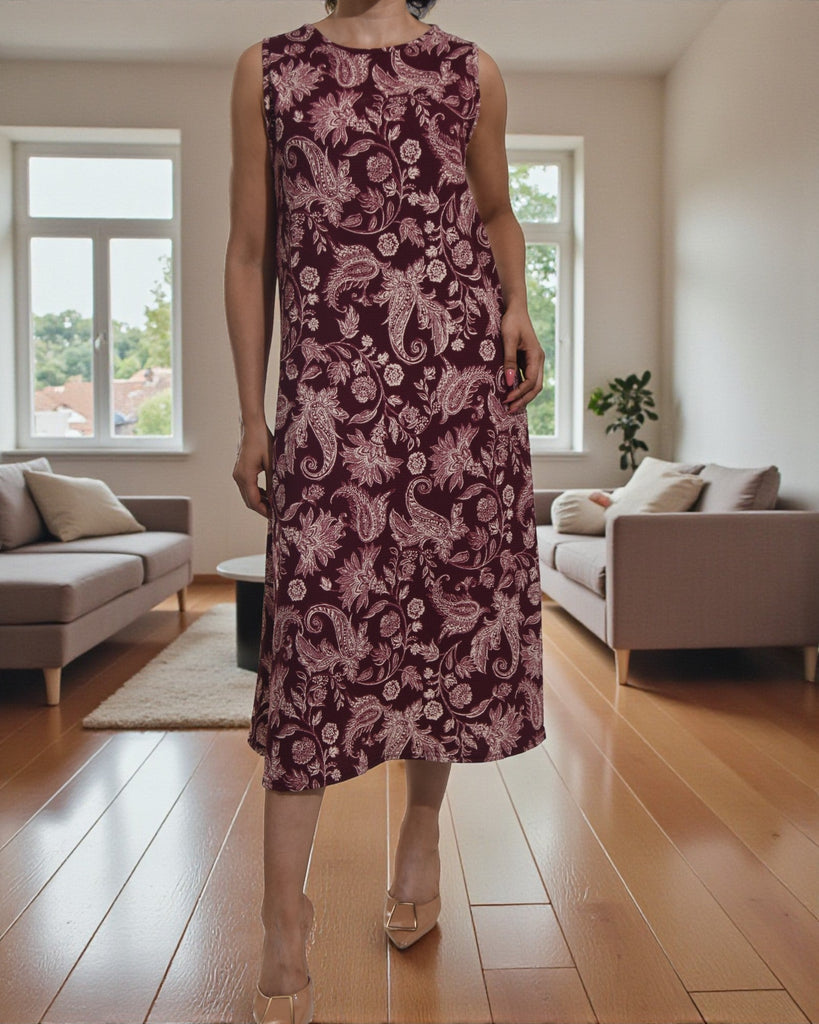 Ladies Maroon Paisley Crinkle Sleeveless Dress - StylePhase SA