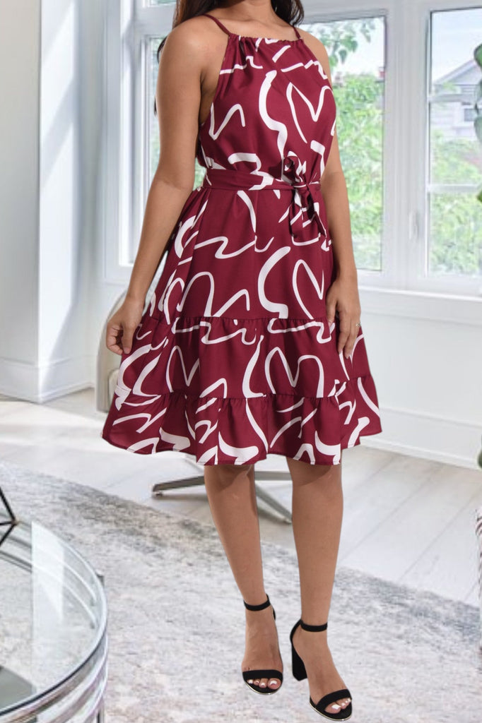 Ladies Maroon Printed Ruffle Hem Dress - StylePhase SA