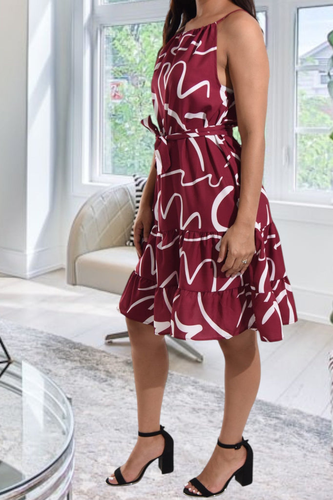 Ladies Maroon Printed Ruffle Hem Dress - StylePhase SA