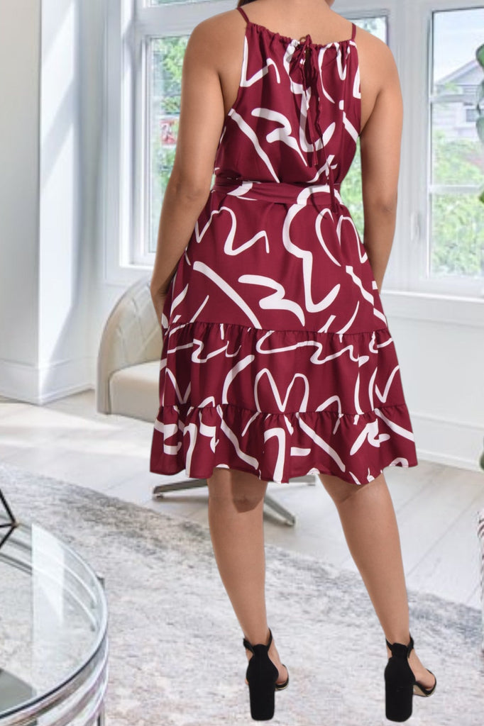 Ladies Maroon Printed Ruffle Hem Dress - StylePhase SA