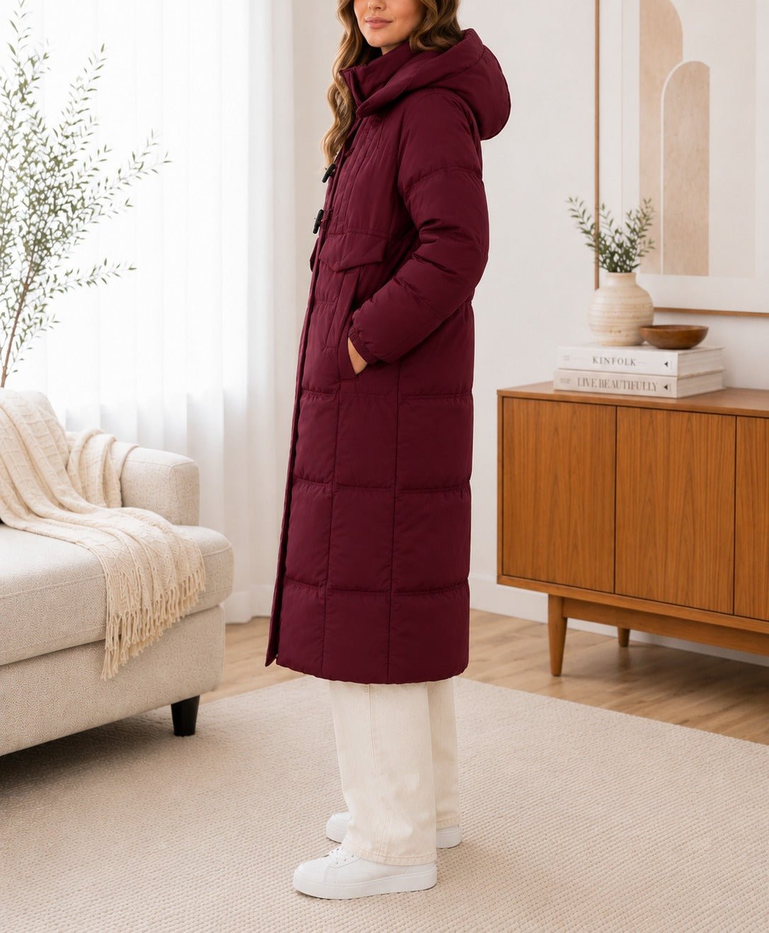Ladies Maroon Puffer Toggle Long Jacket - StylePhase SA