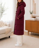 Ladies Maroon Puffer Toggle Long Jacket - StylePhase SA
