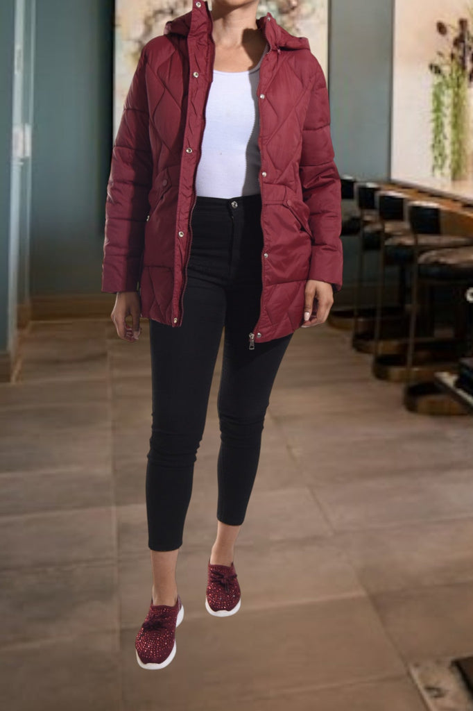 Ladies Maroon Quilted Hoody Jacket - StylePhase SA