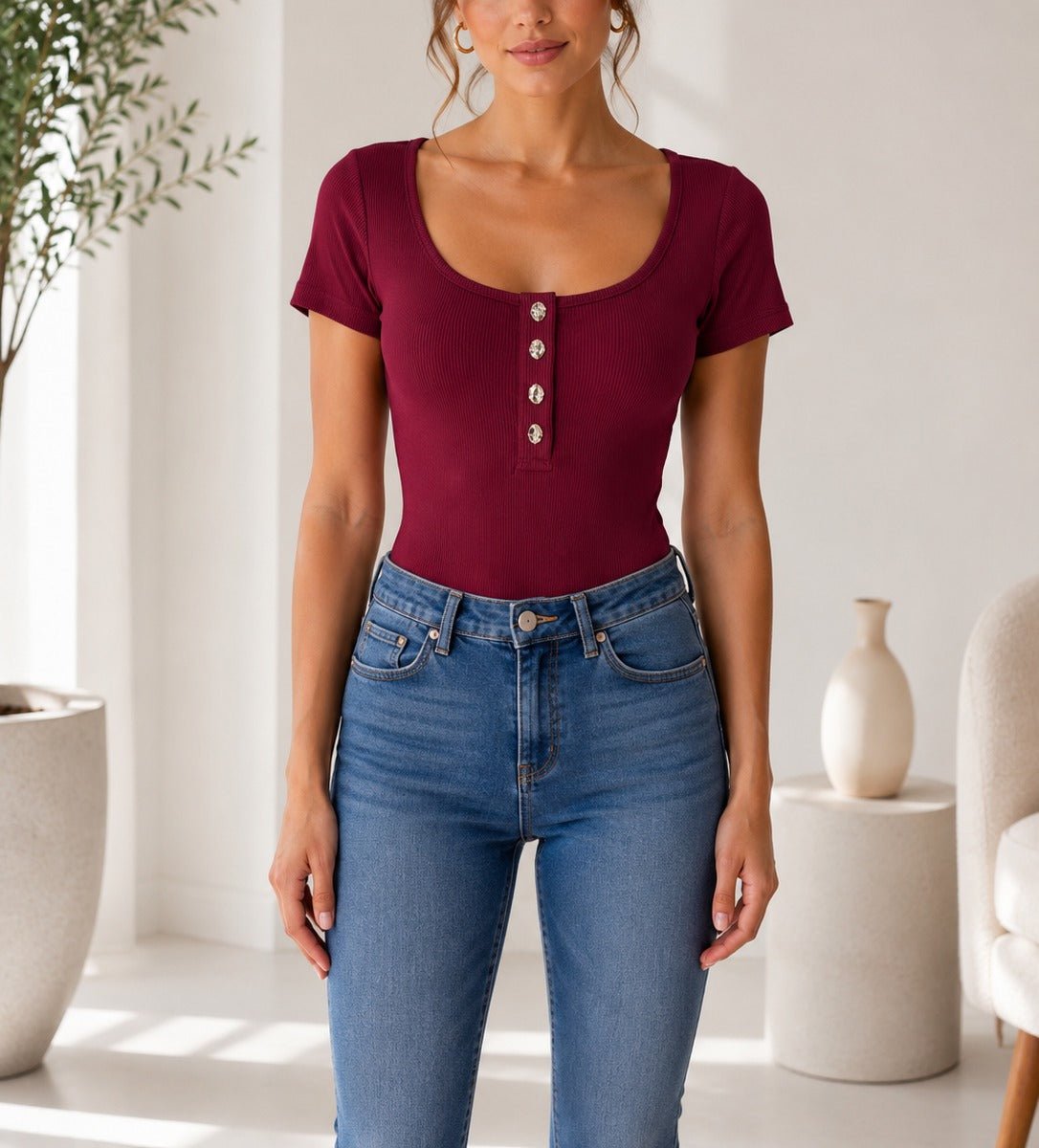 Ladies Maroon Ribbed Short Sleeve Bodysuit - StylePhase SA