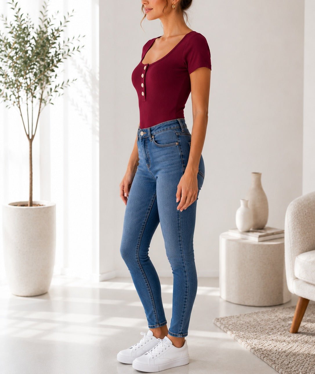 Ladies Maroon Ribbed Short Sleeve Bodysuit - StylePhase SA