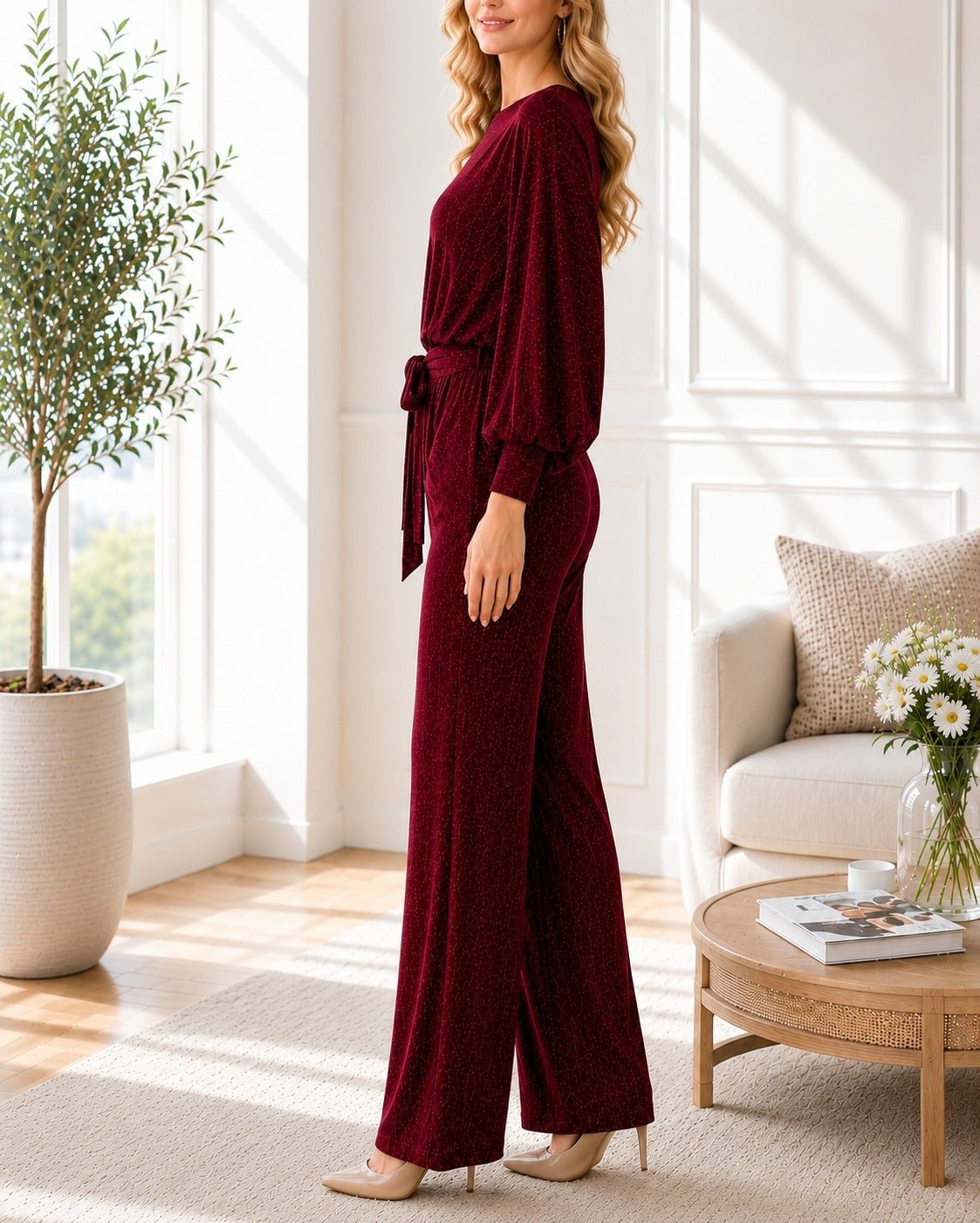 Ladies Maroon Shimmer Tie Jumpsuit - New Feeling - StylePhase SA