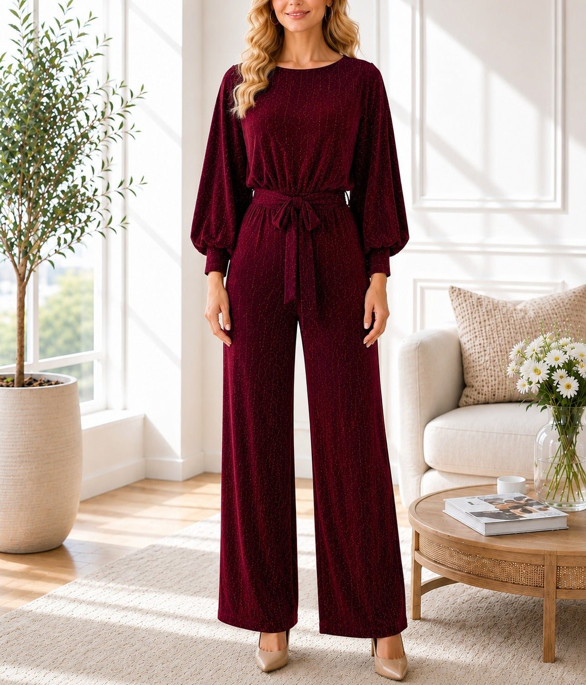 Ladies Maroon Shimmer Tie Jumpsuit - New Feeling - StylePhase SA