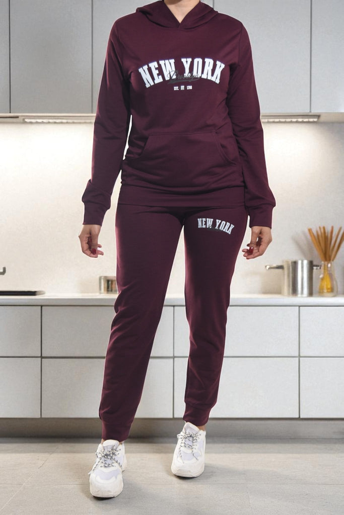Ladies Maroon Tracksuit Set - New York Brooklyn - StylePhase SA