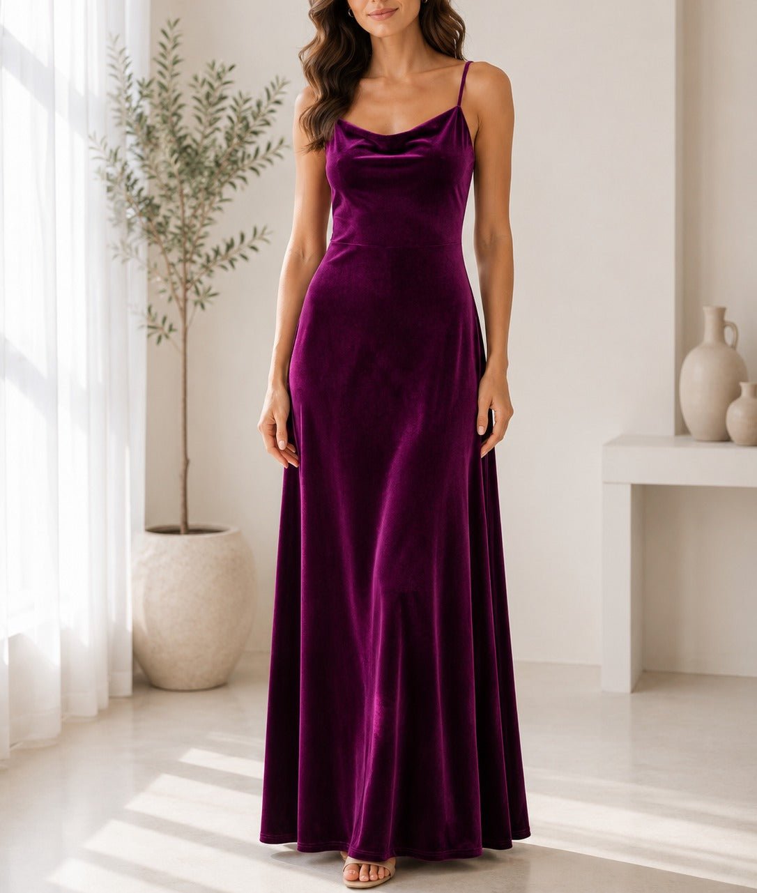 Ladies Maroon Velour Strappy Maxi Dress - StylePhase SA