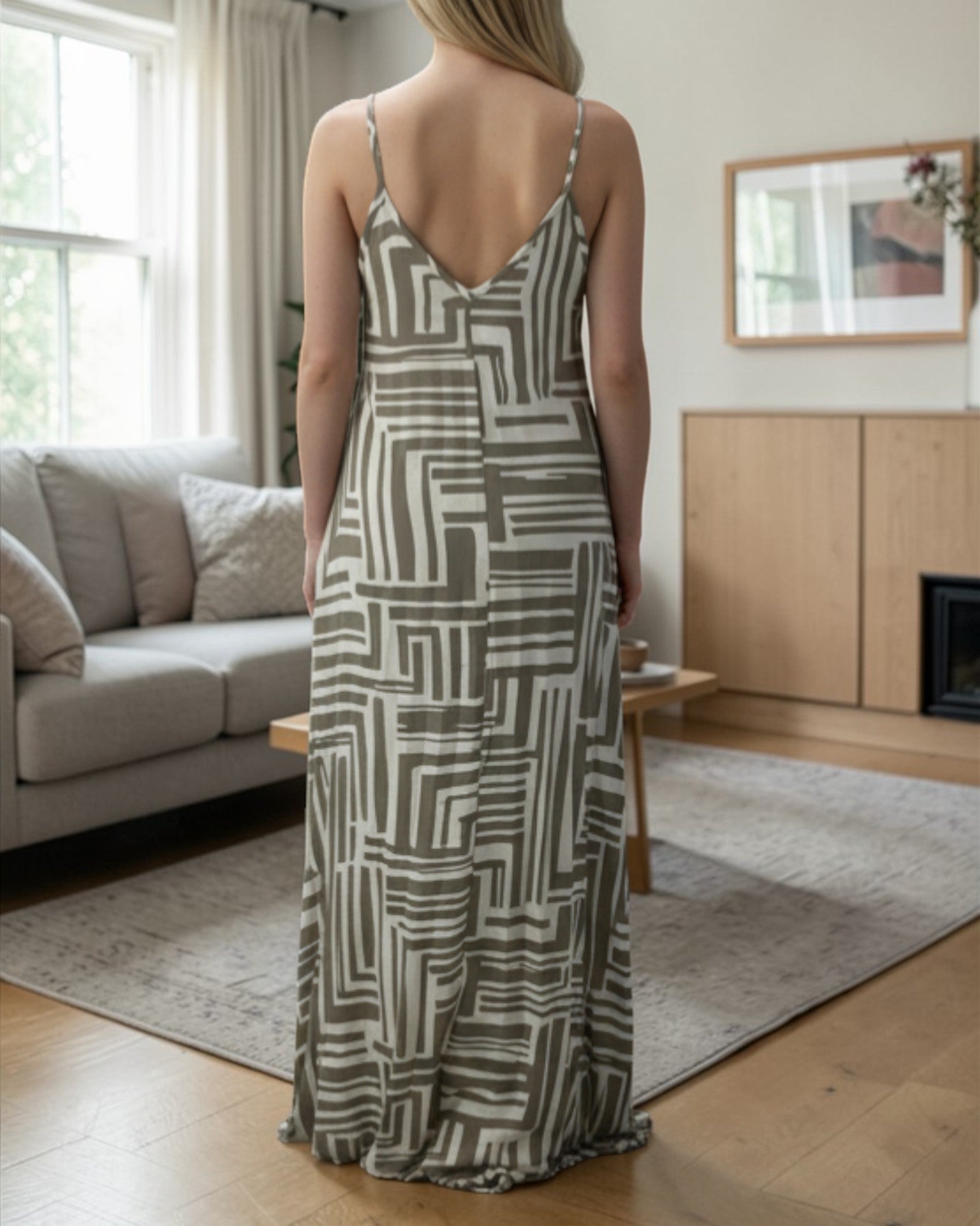 Ladies Maxi Pleated Pocket Dress - Beige Printed - StylePhase SA