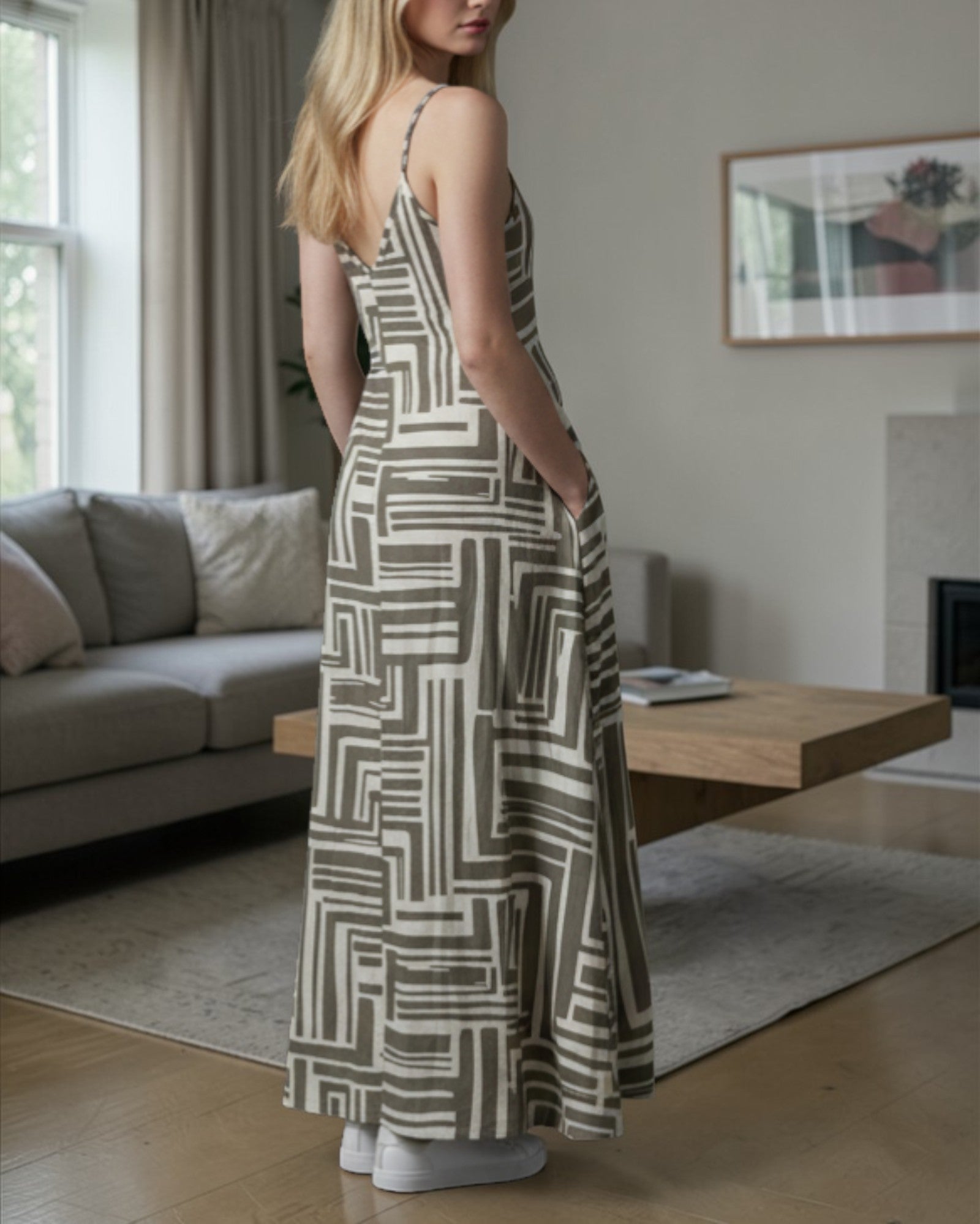 Ladies Maxi Pleated Pocket Dress - Beige Printed - StylePhase SA