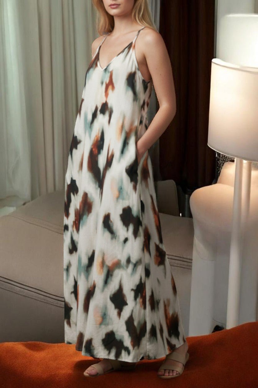 Ladies Maxi Pleated Pocket Dress - Brown Printed - StylePhase SA