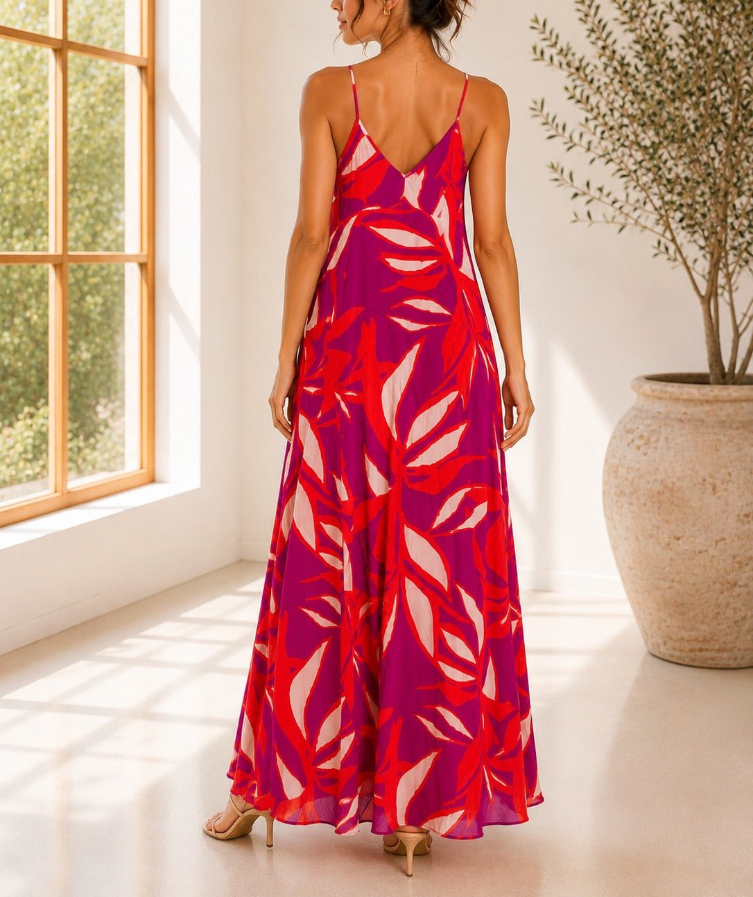 Ladies Maxi Pleated Pocket Dress-Cerise And Orange Floral - StylePhase SA