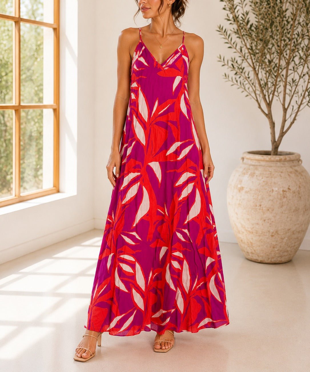 Ladies Maxi Pleated Pocket Dress-Cerise And Orange Floral - StylePhase SA