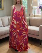 Ladies Maxi Pleated Pocket Dress - Cerise And Orange Floral - StylePhase SA