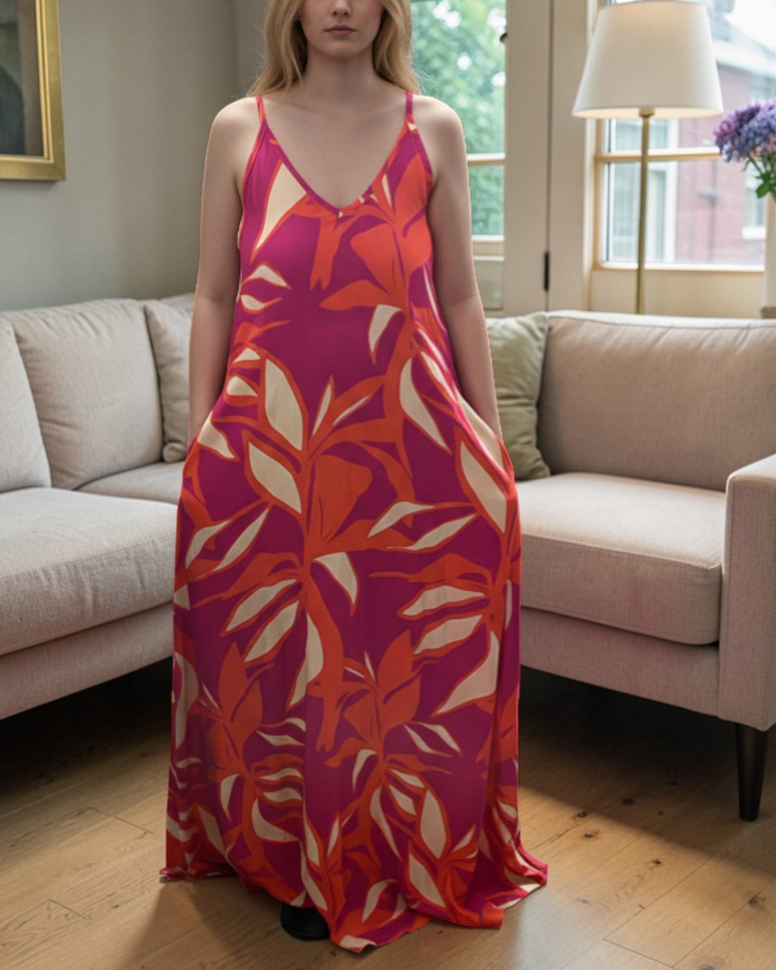 Ladies Maxi Pleated Pocket Dress - Cerise And Orange Floral - StylePhase SA