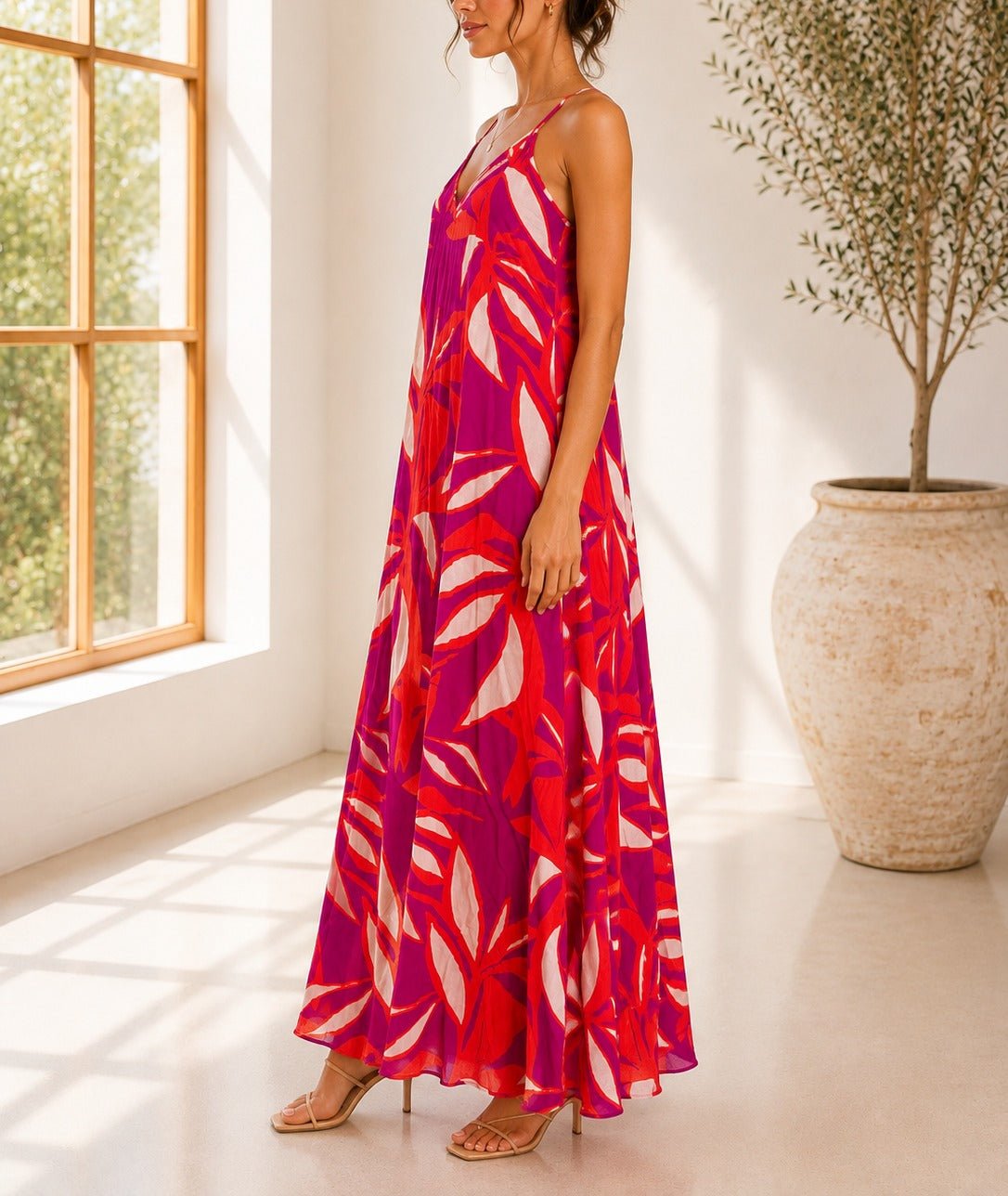 Ladies Maxi Pleated Pocket Dress-Cerise And Orange Floral - StylePhase SA