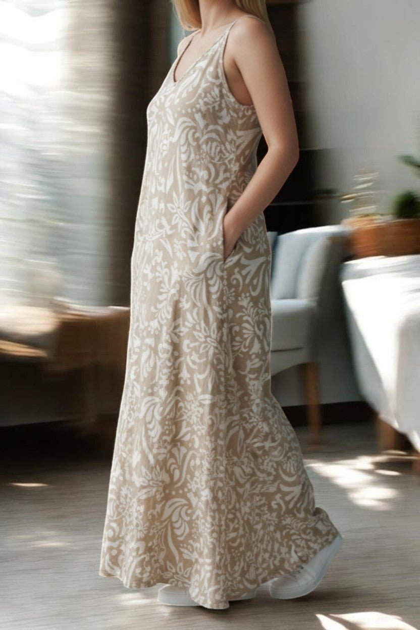Ladies Maxi Pleated Pocket Dress - Cream Floral - StylePhase SA