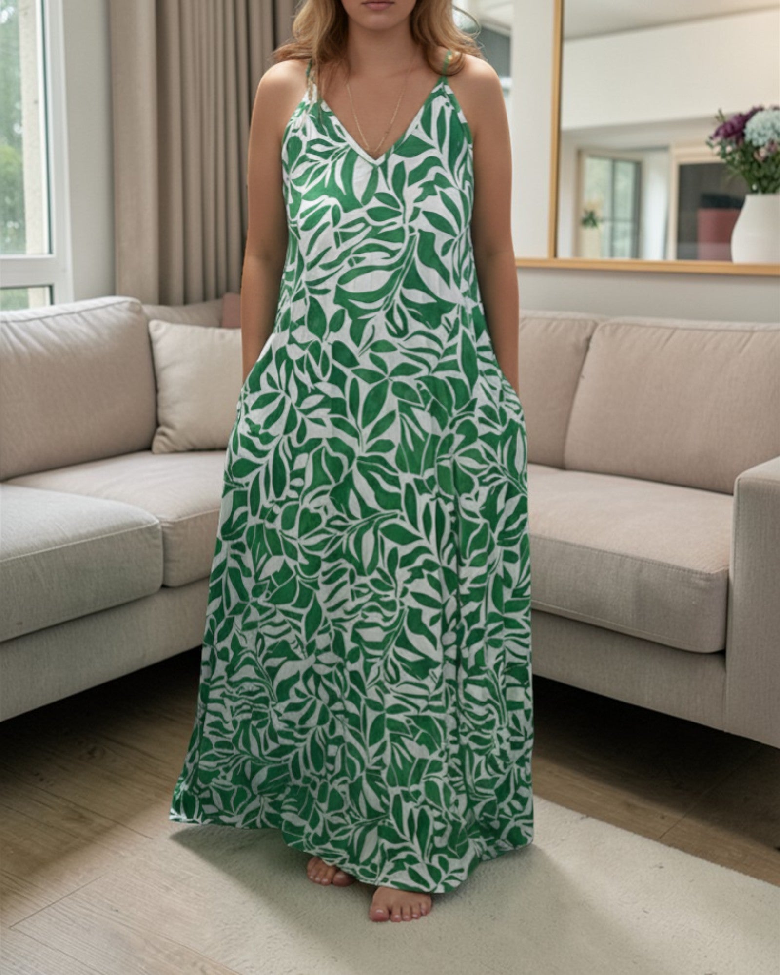 Ladies Maxi Pleated Pocket Dress - Green Floral - StylePhase SA
