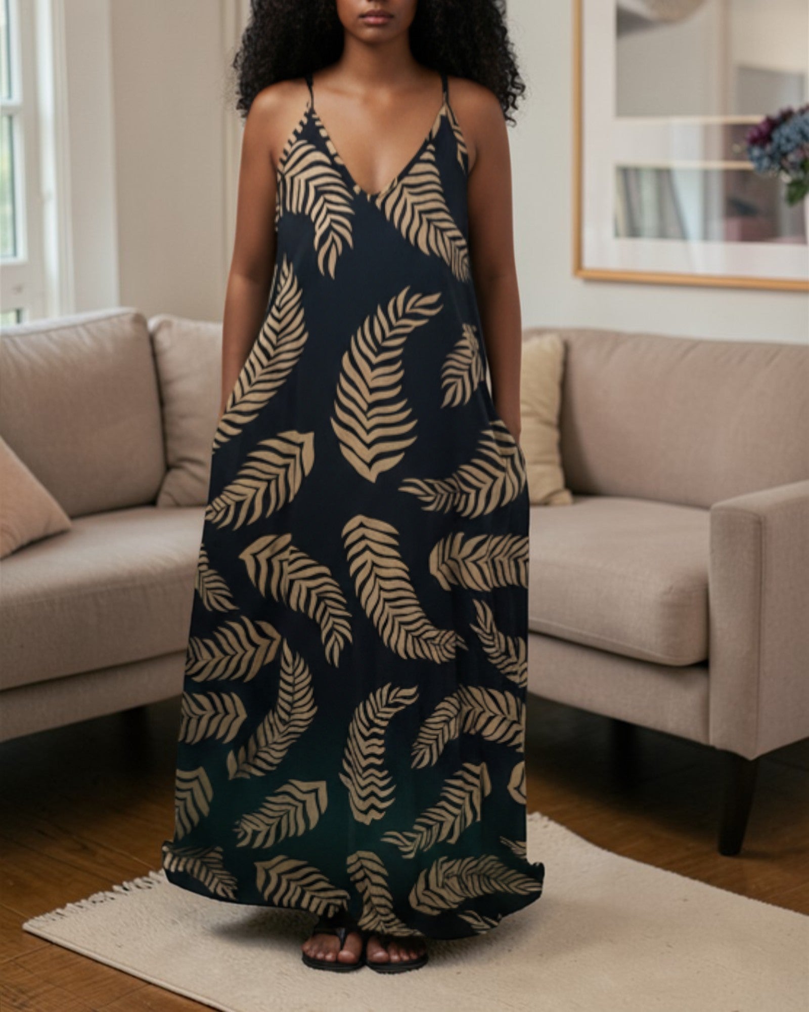 Ladies Maxi Pleated Pocket Dress - Leaf Print - StylePhase SA