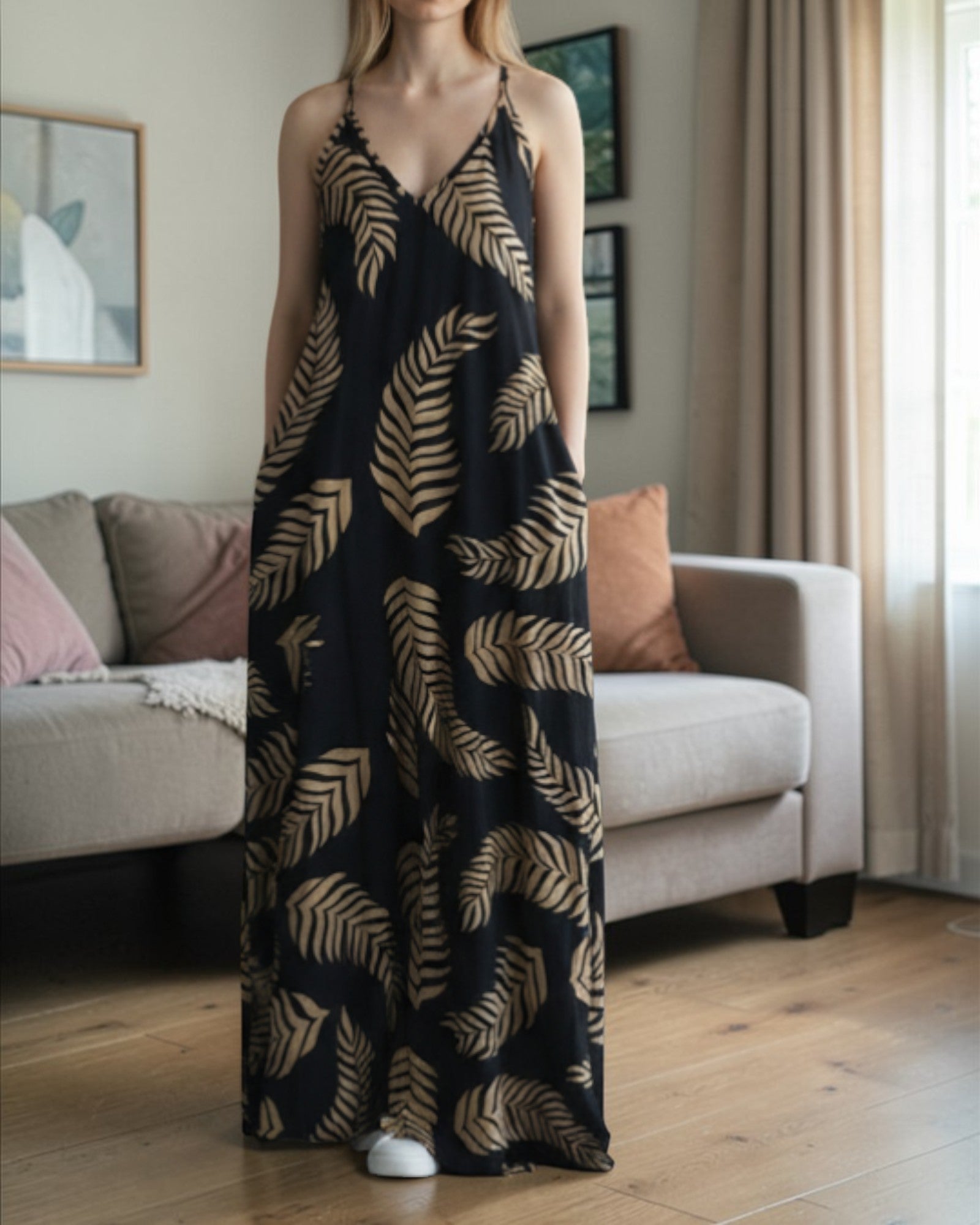 Ladies Maxi Pleated Pocket Dress - Leaf Print - StylePhase SA
