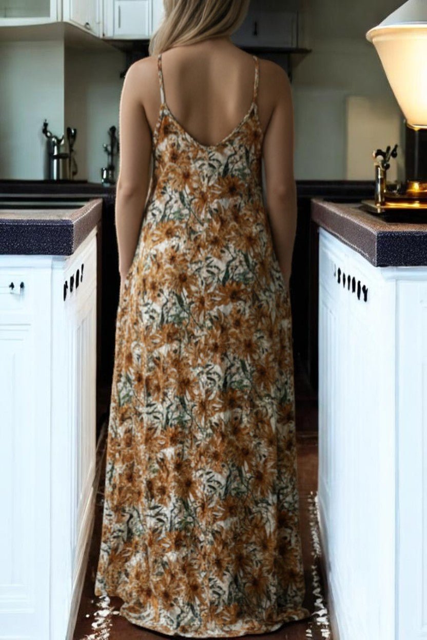 Ladies Maxi Pleated Pocket Dress - Mustard Floral - StylePhase SA